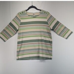 Blair‎ Womens Green Tan Striped 3/4 Sleeve Button Shoulder Boat Neck Top Size M